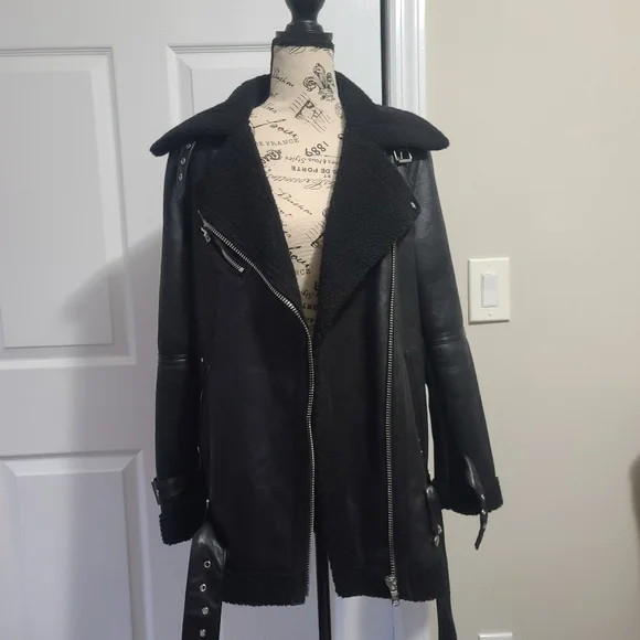Avec Les Filles Faux Shearling Trim Faux Leather Oversized Biker Moto Jacket XS - Picture 6 of 13